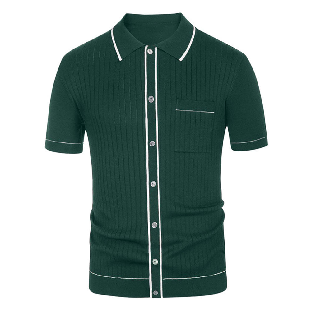 Formal Contrast Trim Collared Button Up Men Summer Ribbed