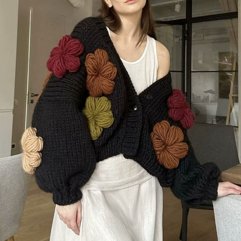 Vintage 3D Flower Button Up Crochet Hand Knit Oversize Vintage 3D Flower Button Up Crochet Hand Knit Oversize