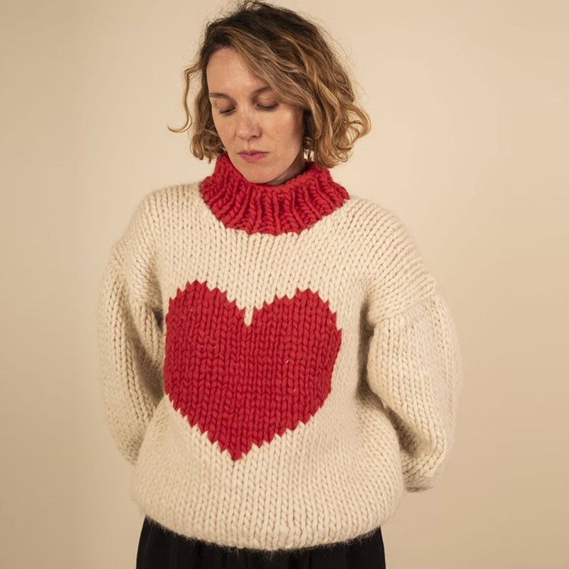 Sweet Heart Print Drop Shoulder Chunky Hand Knit Oversized Sweet Heart Print Drop Shoulder Chunky Hand Knit Oversized