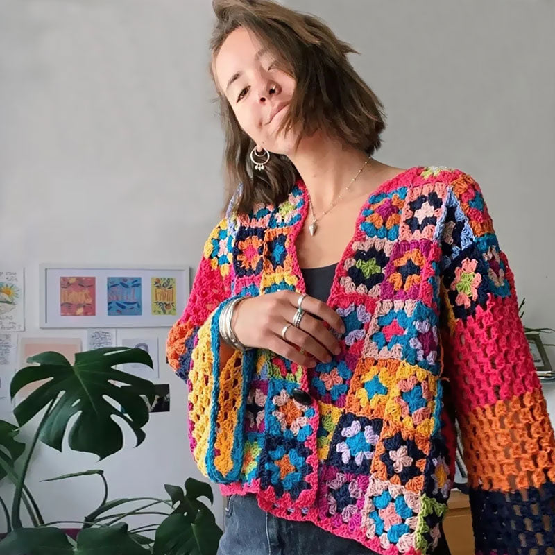 Vintage Cropped V Neck Button Up Multicolored Crochet Granny