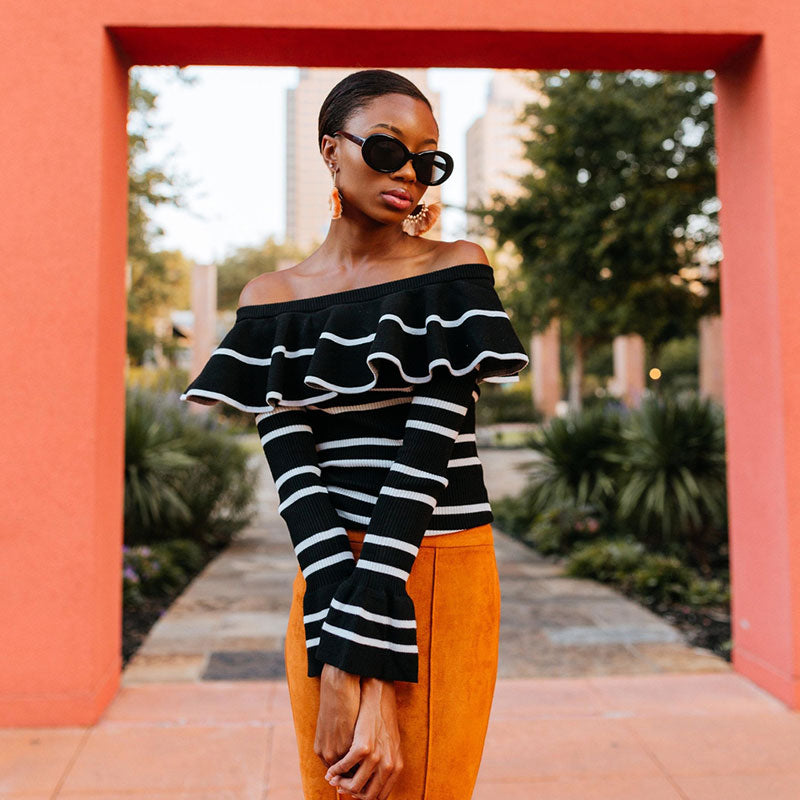 Vintage Black Ruffle Off Shoulder Long Sleeve Striped Knit Sweater Fox Sweaters