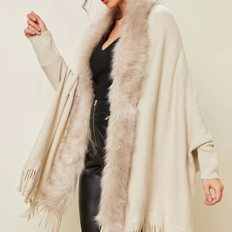 Elegant Faux Fur Shawl Collar Dolman Sleeve Open Front Fringe Knit Cardigan