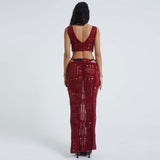 90s Ripped Ladder Knit Knit Tie Tank Top and Low Rise Maxi Skirt Matching Set