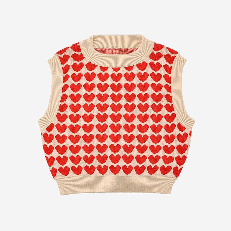 Adorable Heart Jacquard Knit Round Neck Sleeveless Girls Sweater Vest