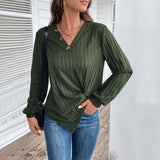 Asymmetric Button Detail V Neck Twist Front Long Sleeve Sheer Ribbed Knit Sweater