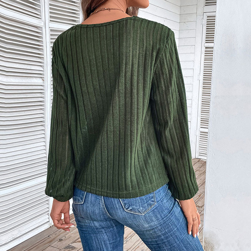 Asymmetric Button Detail V Neck Twist Front Long Sleeve Sheer Ribbed Knit Sweater