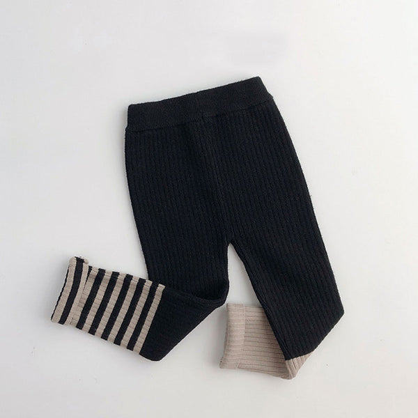 Asymmetric Color Block Striped High Waist Chunky Ribbed Knit Girls Leggings