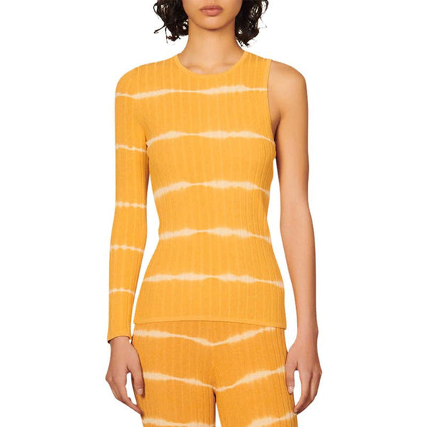 Asymmetric Single Sleeve Crew Neck Yellow Tie Dye Textured Rib Knit Top