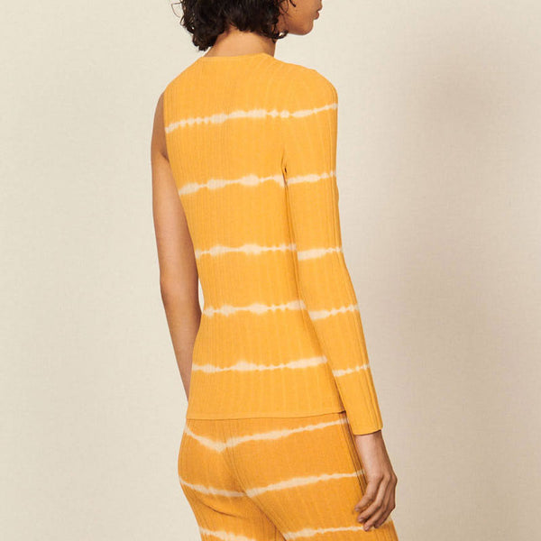 Asymmetric Single Sleeve Crew Neck Yellow Tie Dye Textured Rib Knit Top