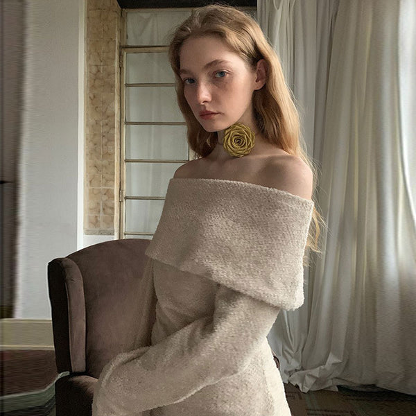 Asymmetrical Foldover Off The Shoulder Long Sleeve Textured Knit Sweater