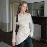 Asymmetrical Foldover Off The Shoulder Long Sleeve Textured Knit Sweater
