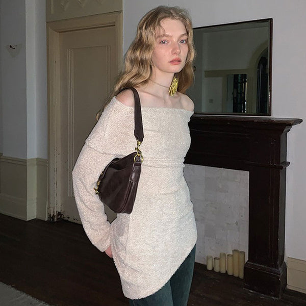 Asymmetrical Foldover Off The Shoulder Long Sleeve Textured Knit Sweater