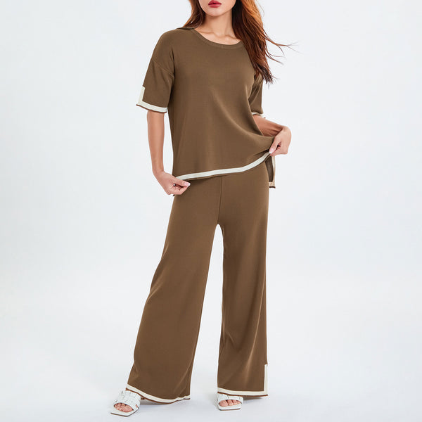 Athflow Bicolor Stripe Trim Short Sleeve Sweater and Split Knit Pants Matching Set