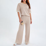 Athflow Bicolor Stripe Trim Short Sleeve Sweater and Split Knit Pants Matching Set
