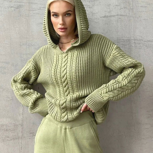 Athleisure Fisherman Cable Knit Drop Shoulder Long Sleeve Hooded Oversized Sweater
