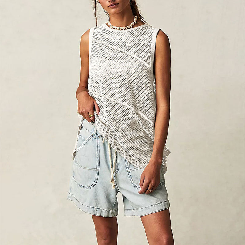 Athletic Crew Neck Solid Color Semi Sheer Open Knit Oversized Tank Top