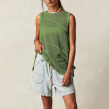Athletic Crew Neck Solid Color Semi Sheer Open Knit Oversized Tank Top