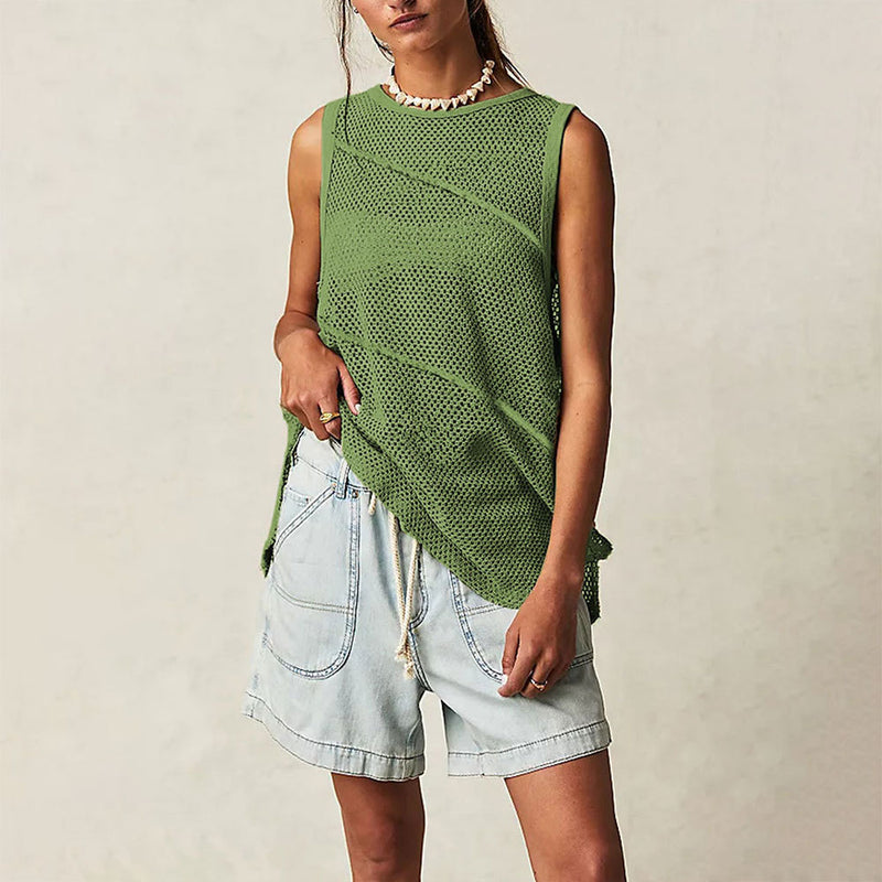 Athletic Crew Neck Solid Color Semi Sheer Open Knit Oversized Tank Top