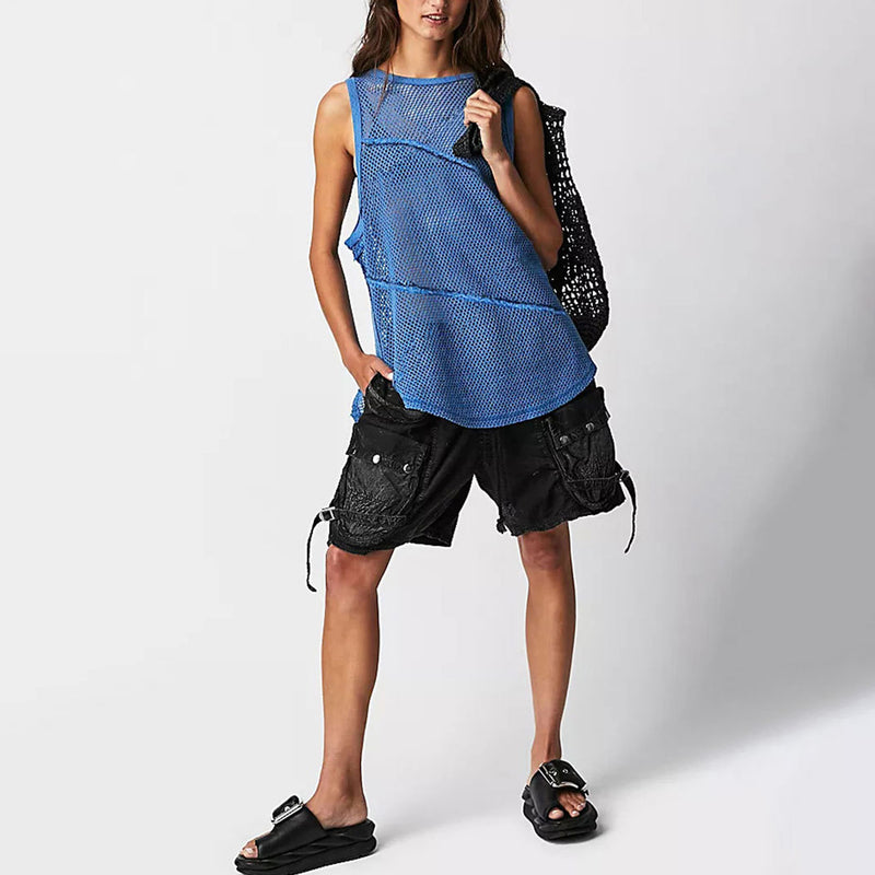 Athletic Crew Neck Solid Color Semi Sheer Open Knit Oversized Tank Top