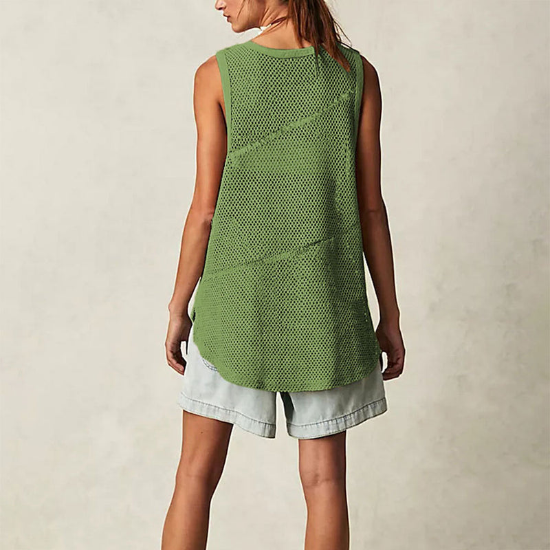 Athletic Crew Neck Solid Color Semi Sheer Open Knit Oversized Tank Top