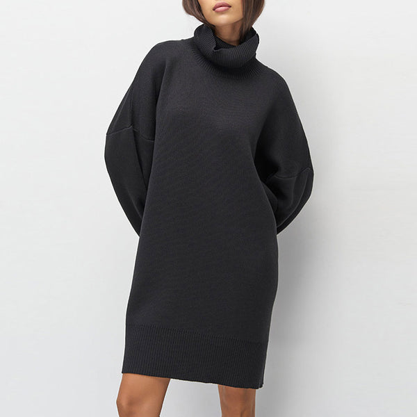 Athletic Monochrome Rib Knit Turtleneck Long Sleeve Oversized Sweater Mini Dress