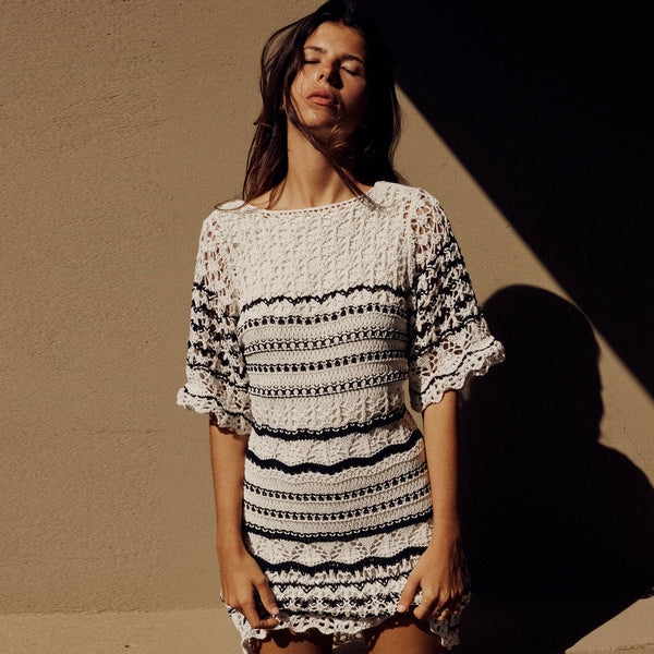 Bohemian Black and White Striped Scalloped Trim Crochet Knit Mini Dress