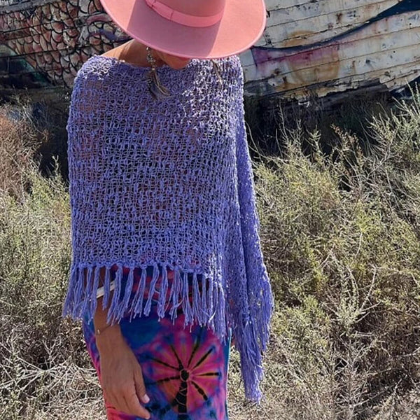 Bohemian Solid Fringe Trim Boat Neck Sheer Open Crochet Knit Poncho Sweater