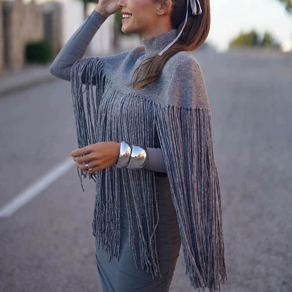 Bohemian Style Rib Knit High Neck Macrame Fringe Trim Pullover Cape Sweater