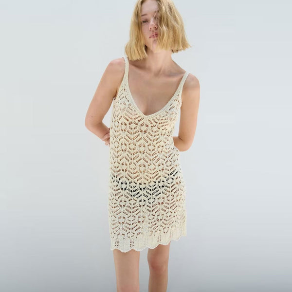 Bohemian Style Scalloped Trim V Neck Sheer Pointelle Knit Mini Slip Dress
