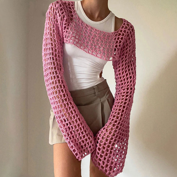 Boho Boat Neck Bell Sleeve Cutout Crochet Knit Super Crop Shrug Sweater