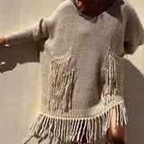 Boho Fringe Trim Patched Pocket V Neck Batwing Sleeve Oversized Pullover Sweater