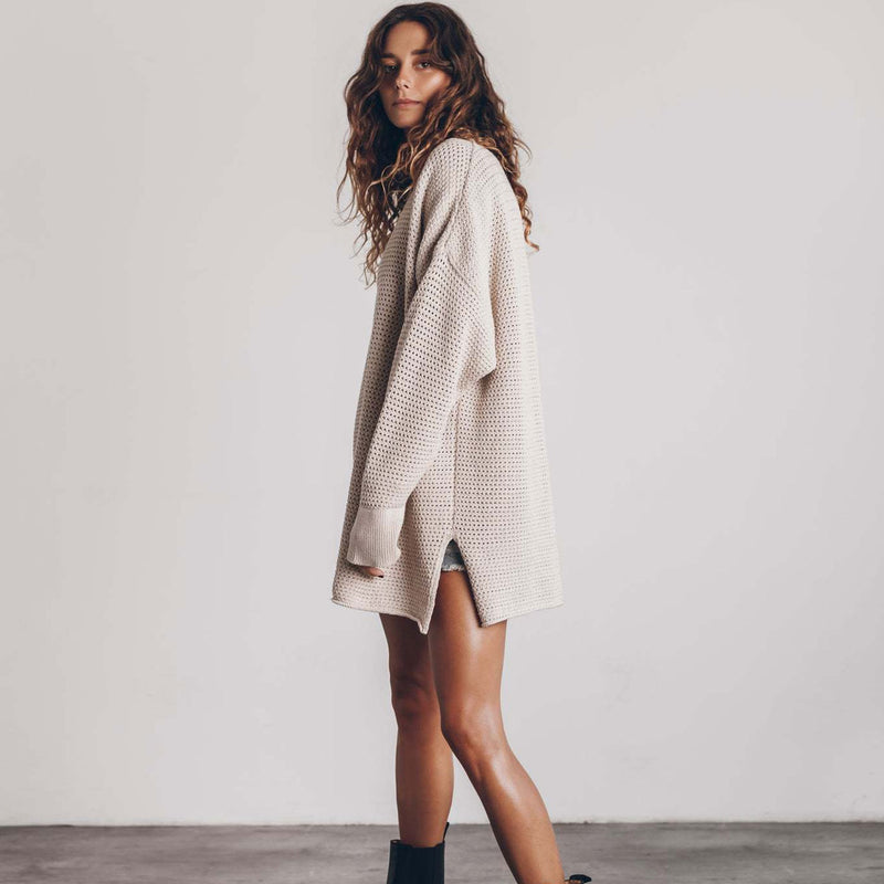 Boho Oversized Open Knit Round Neck Long Sleeve Drop Shoulder Side Split Sweater