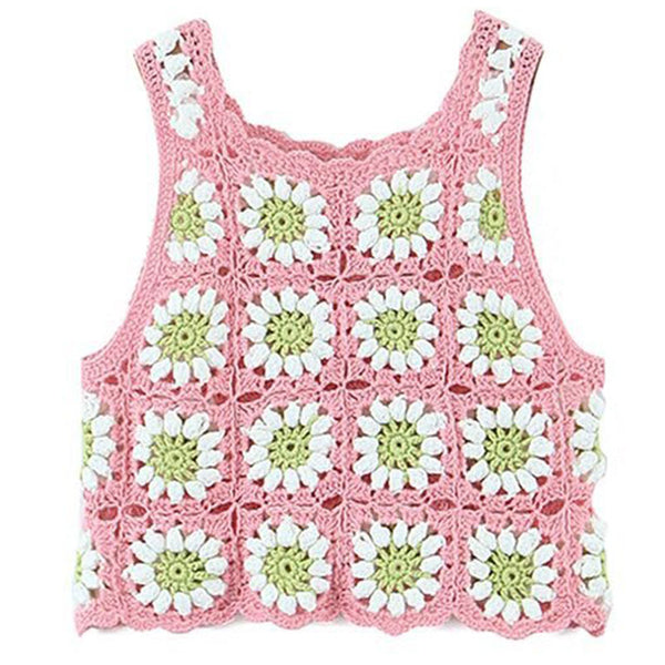 Boho Scalloped Trim Granny Square Crochet Hand Knit Crop Tank Top