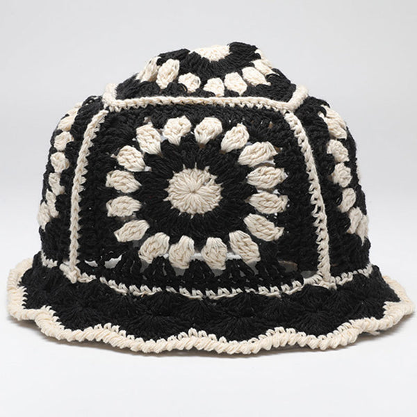 Boho Style Bloom Floral Hand Made Knit Crochet Granny Square Bucket Hat