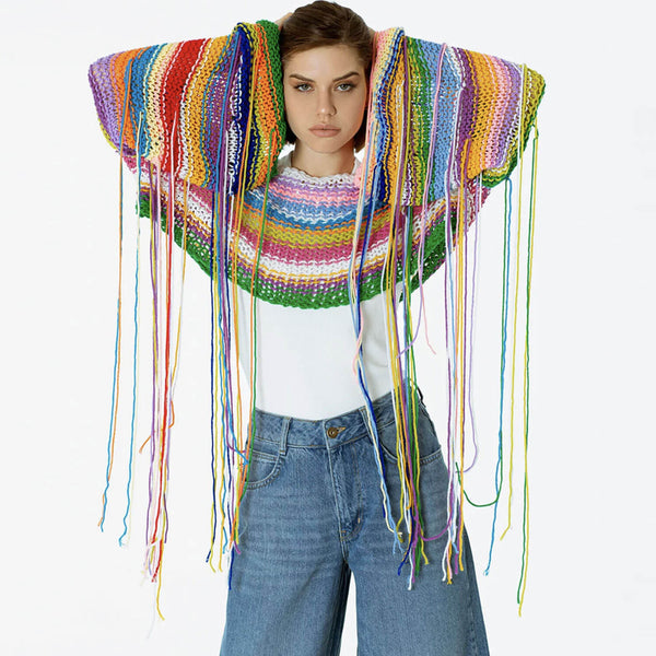 Boho Style Fringe Detail Bell Sleeve Rainbow Stripe Crochet Knit Crop Sweater