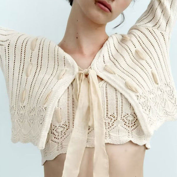 Breezy Scalloped Trim V Neck Suspender Strap Pointelle Knit Crop Tank Top