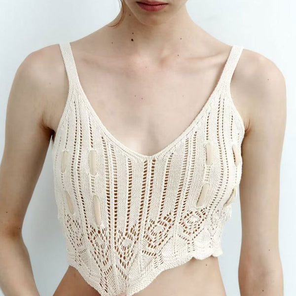 Breezy Scalloped Trim V Neck Suspender Strap Pointelle Knit Crop Tank Top
