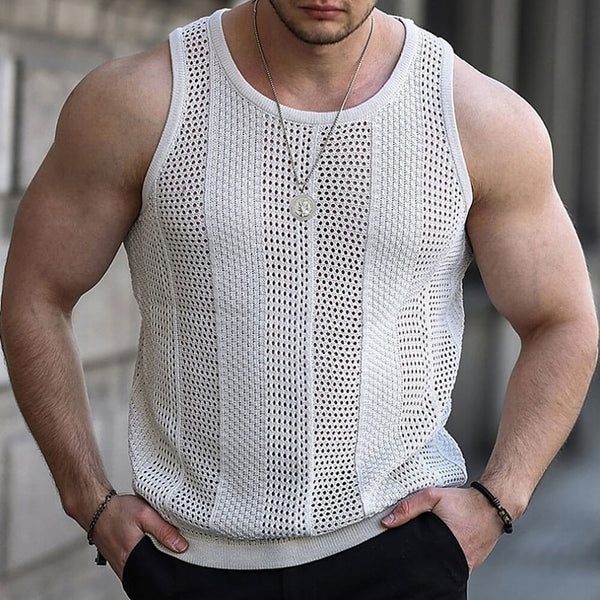 Casual Breathable Sheer Pointelle Knit Crew Neck Men Summer Sweater Vest
