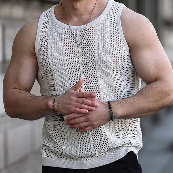 Casual Breathable Sheer Pointelle Knit Crew Neck Men Summer Sweater Vest