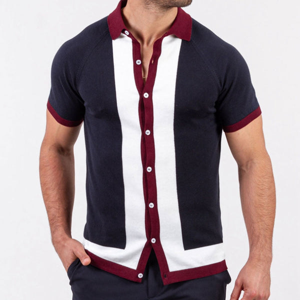 Casual Color Block Stripe Short Sleeve Collared Men Button Up Knit Shirt