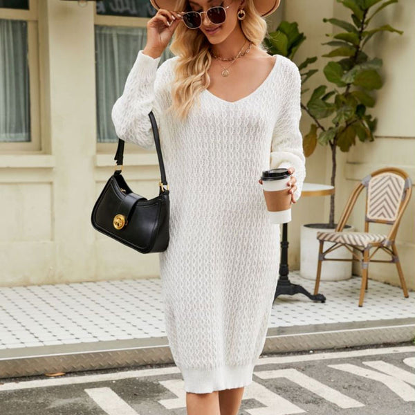 Casual Deep V Neck Long Sleeve Cable Knit Winter Sweater Midi Dress