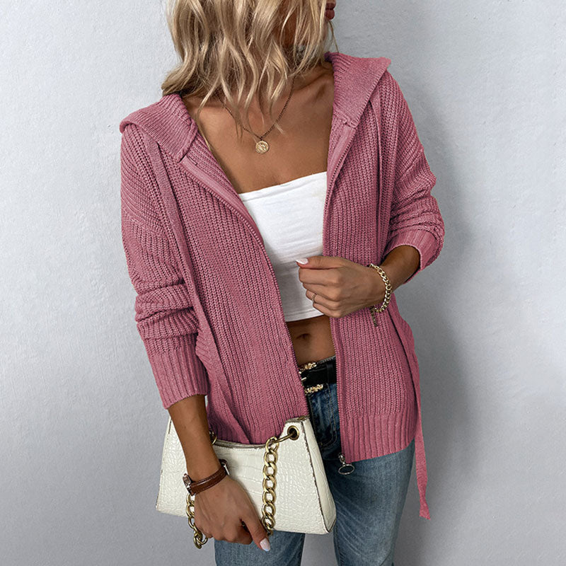 Casual Drawstring Hooded Long Sleeve Solid Color Zip Up Rib Knit Cardigan
