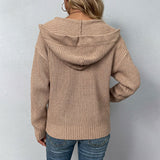 Casual Drawstring Hooded Long Sleeve Solid Color Zip Up Rib Knit Cardigan