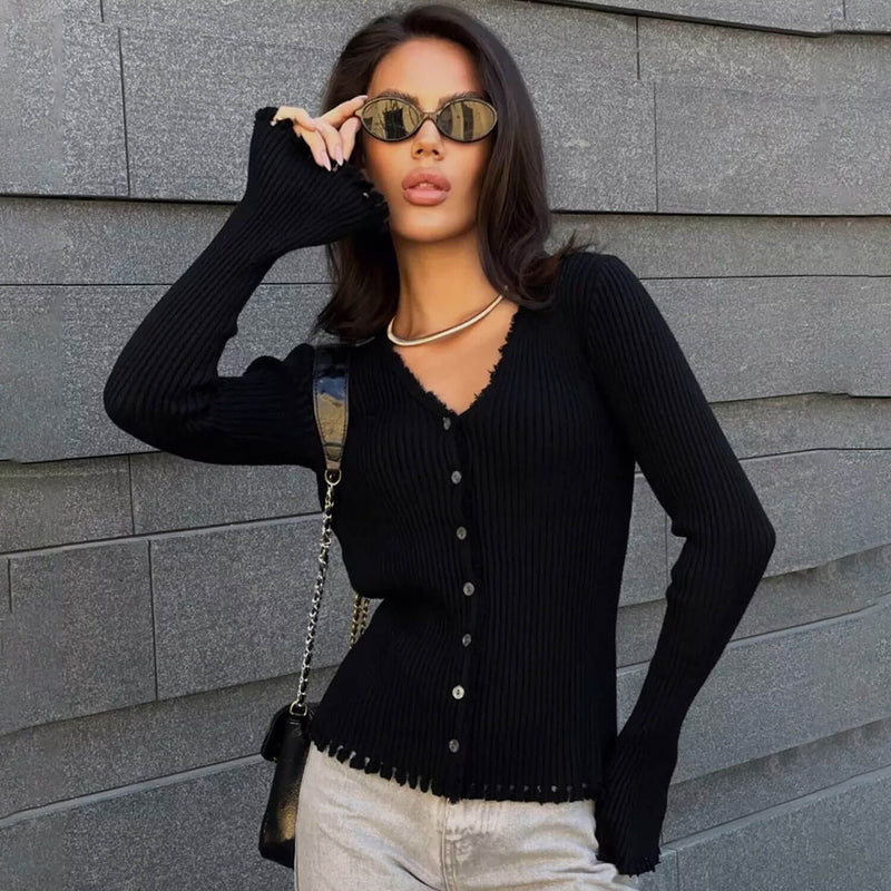 Casual Fringe Trim V Neck Button Down Long Sleeve Ribbed Knit Cardigan