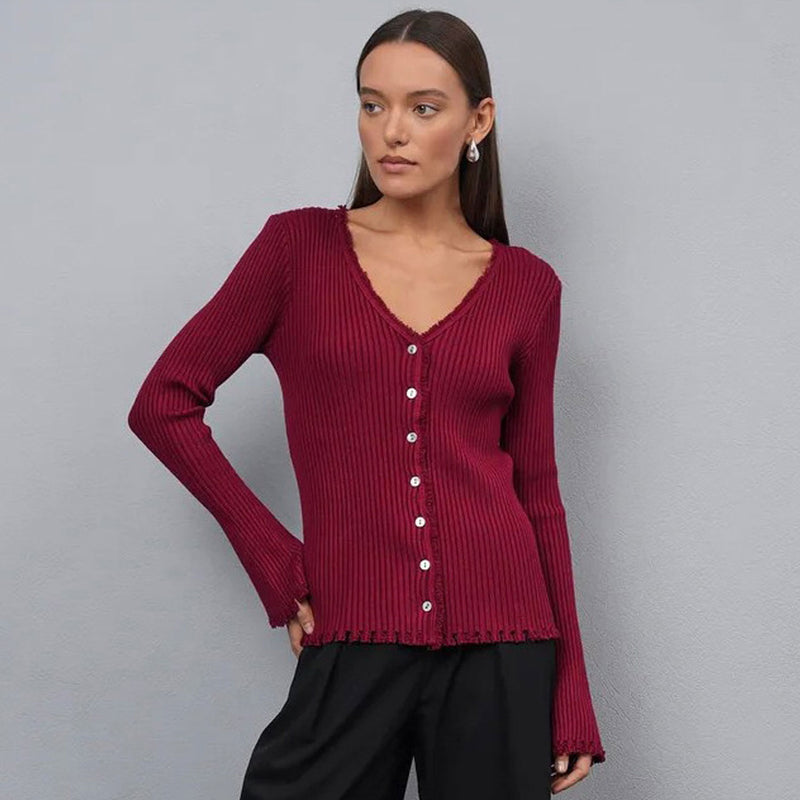 Casual Fringe Trim V Neck Button Down Long Sleeve Ribbed Knit Cardigan