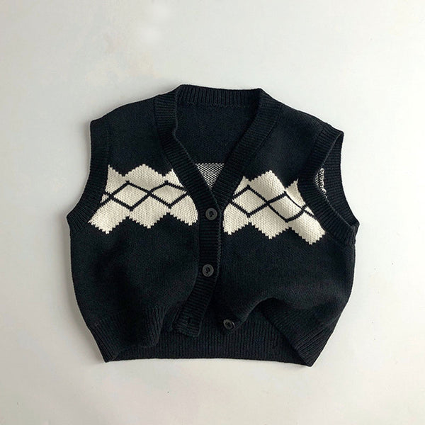 Casual Geometric Jacquard Knit V Neck Sleeveless Button Front Boys Cardigan