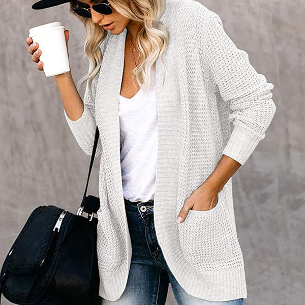Casual Long Sleeve Open Front Pocket Trim Marled Knit Cocoon Cardigan