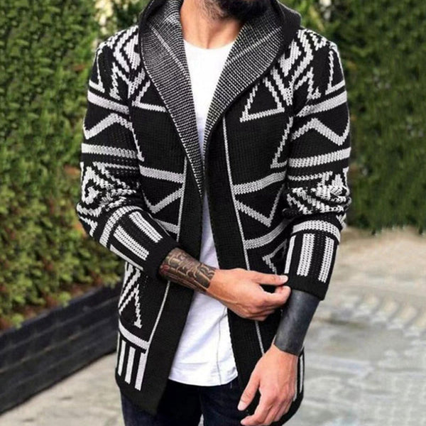 Casual Open Front Men Winter Black and White Geometric Knit Hooded Cardigan