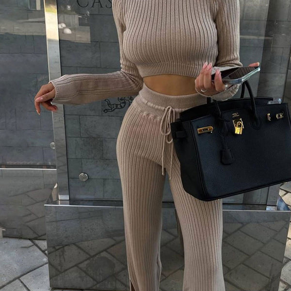 Casual Rib Knit Long Sleeve Cropped Sweater and Split Knit Pants Matching Set