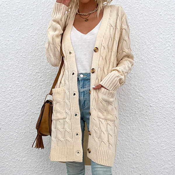 Casual Rib V Neck Button Up Long Sleeve Pocket Chunky Cable Knit Cardigan